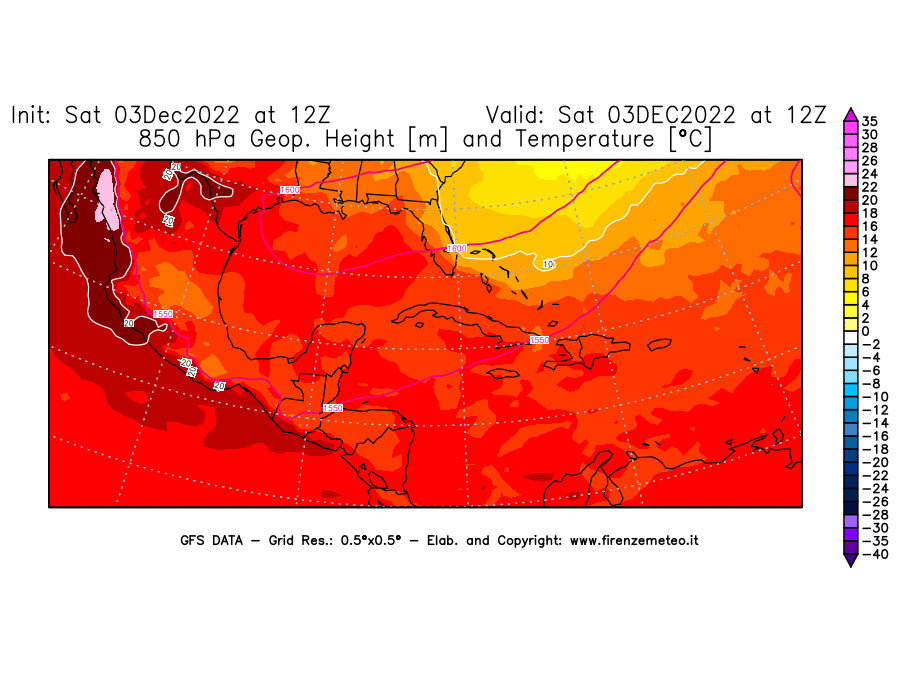 Mappa di analisi GFS - Geopotenziale [m] e Temperatura [°C] a 850 hPa in Centro-America
							del 03/12/2022 12 <!--googleoff: index-->UTC<!--googleon: index-->