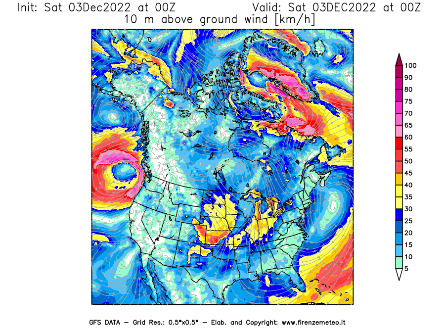 Mappa di analisi GFS - Velocità del vento a 10 metri dal suolo [km/h] in Nord-America
							del 03/12/2022 00 <!--googleoff: index-->UTC<!--googleon: index-->