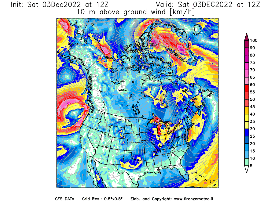 Mappa di analisi GFS - Velocità del vento a 10 metri dal suolo [km/h] in Nord-America
							del 03/12/2022 12 <!--googleoff: index-->UTC<!--googleon: index-->