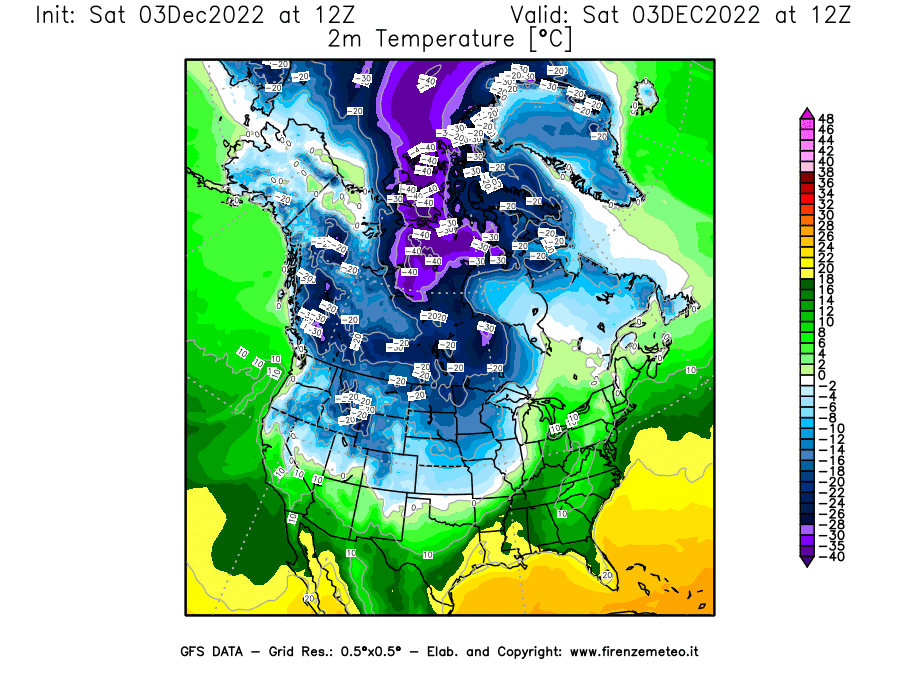 Mappa di analisi GFS - Temperatura a 2 metri dal suolo [°C] in Nord-America
							del 03/12/2022 12 <!--googleoff: index-->UTC<!--googleon: index-->