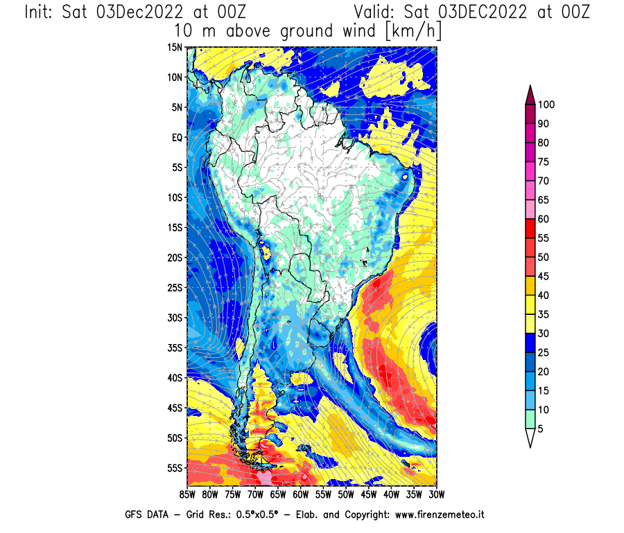 Mappa di analisi GFS - Velocità del vento a 10 metri dal suolo [km/h] in Sud-America
							del 03/12/2022 00 <!--googleoff: index-->UTC<!--googleon: index-->