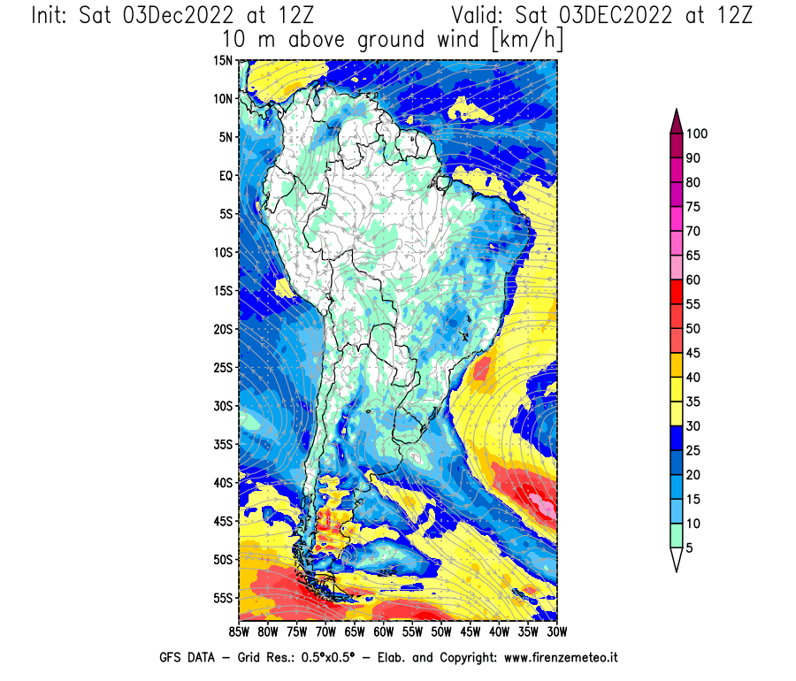 Mappa di analisi GFS - Velocità del vento a 10 metri dal suolo [km/h] in Sud-America
							del 03/12/2022 12 <!--googleoff: index-->UTC<!--googleon: index-->