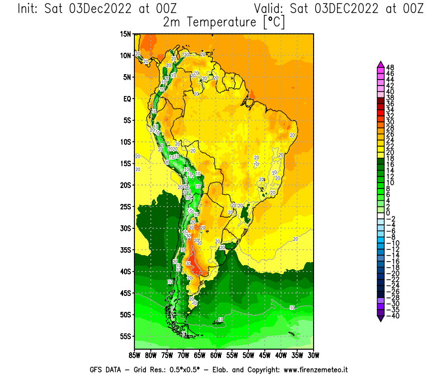 Mappa di analisi GFS - Temperatura a 2 metri dal suolo [°C] in Sud-America
							del 03/12/2022 00 <!--googleoff: index-->UTC<!--googleon: index-->