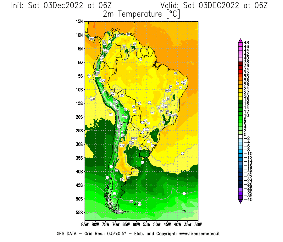Mappa di analisi GFS - Temperatura a 2 metri dal suolo [°C] in Sud-America
							del 03/12/2022 06 <!--googleoff: index-->UTC<!--googleon: index-->