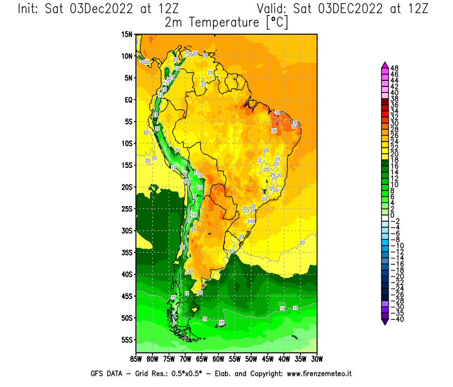 Mappa di analisi GFS - Temperatura a 2 metri dal suolo [°C] in Sud-America
							del 03/12/2022 12 <!--googleoff: index-->UTC<!--googleon: index-->