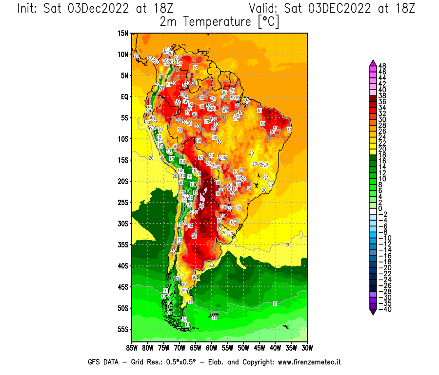 Mappa di analisi GFS - Temperatura a 2 metri dal suolo [°C] in Sud-America
							del 03/12/2022 18 <!--googleoff: index-->UTC<!--googleon: index-->