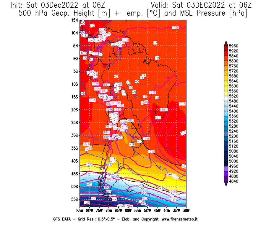 Mappa di analisi GFS - Geopotenziale [m] + Temp. [°C] a 500 hPa + Press. a livello del mare [hPa] in Sud-America
							del 03/12/2022 06 <!--googleoff: index-->UTC<!--googleon: index-->