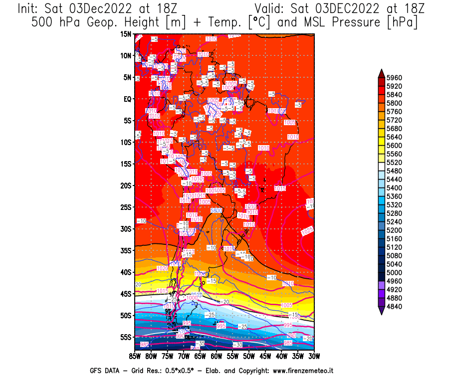 Mappa di analisi GFS - Geopotenziale [m] + Temp. [°C] a 500 hPa + Press. a livello del mare [hPa] in Sud-America
							del 03/12/2022 18 <!--googleoff: index-->UTC<!--googleon: index-->