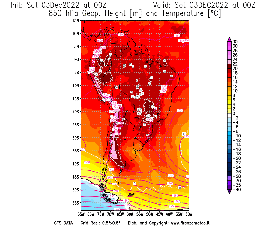 Mappa di analisi GFS - Geopotenziale [m] e Temperatura [°C] a 850 hPa in Sud-America
							del 03/12/2022 00 <!--googleoff: index-->UTC<!--googleon: index-->