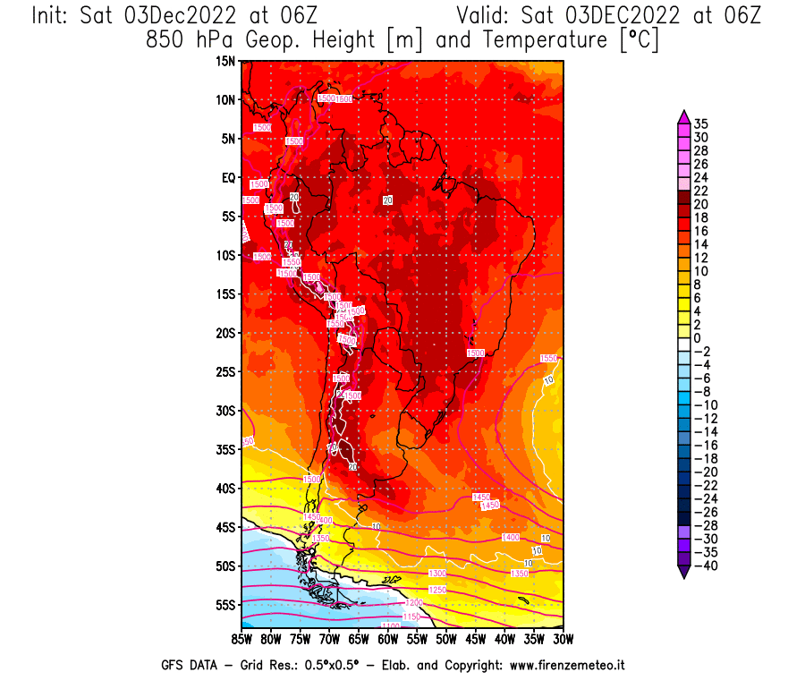 Mappa di analisi GFS - Geopotenziale [m] e Temperatura [°C] a 850 hPa in Sud-America
							del 03/12/2022 06 <!--googleoff: index-->UTC<!--googleon: index-->