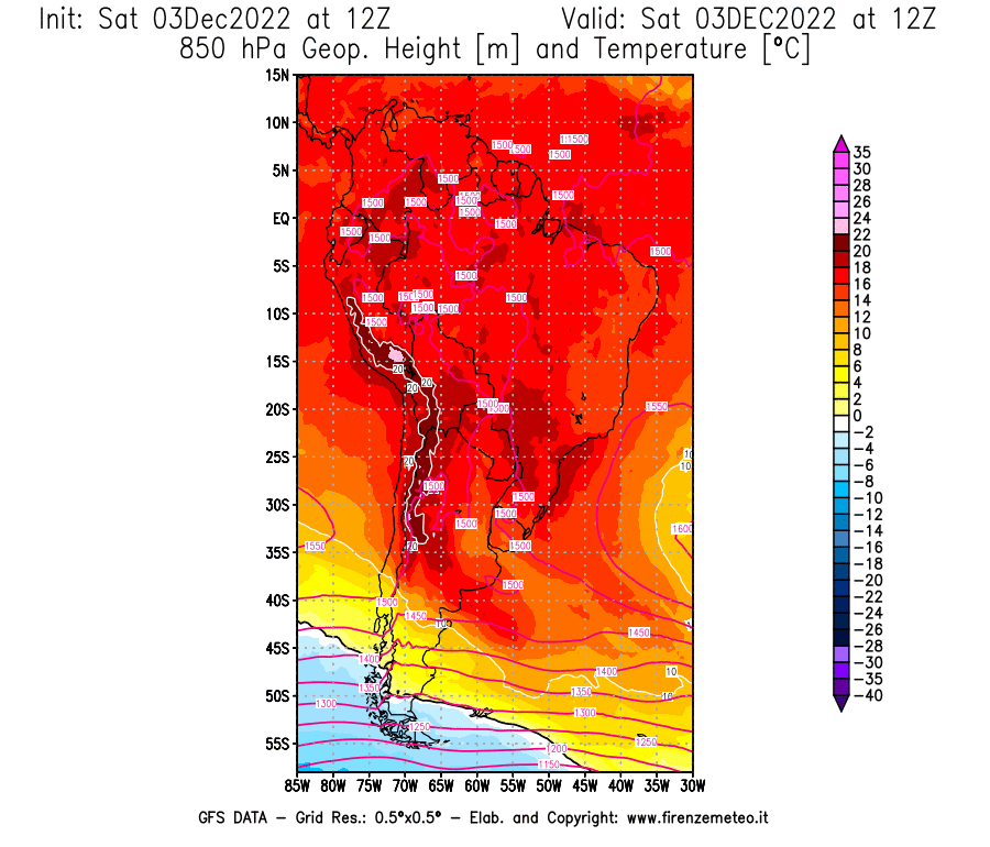 Mappa di analisi GFS - Geopotenziale [m] e Temperatura [°C] a 850 hPa in Sud-America
							del 03/12/2022 12 <!--googleoff: index-->UTC<!--googleon: index-->