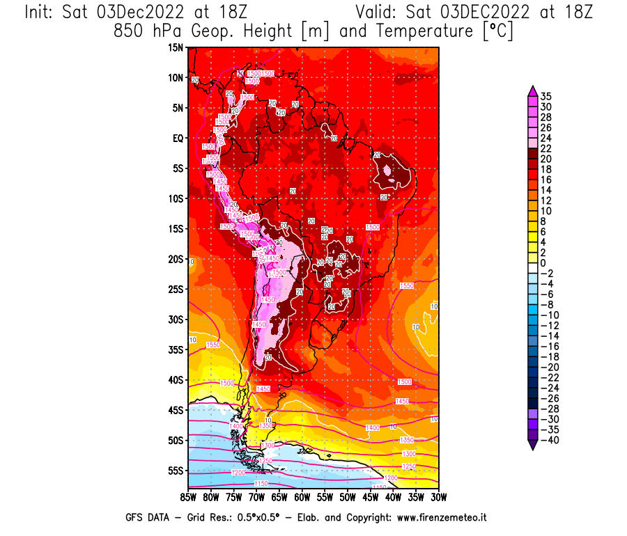 Mappa di analisi GFS - Geopotenziale [m] e Temperatura [°C] a 850 hPa in Sud-America
							del 03/12/2022 18 <!--googleoff: index-->UTC<!--googleon: index-->