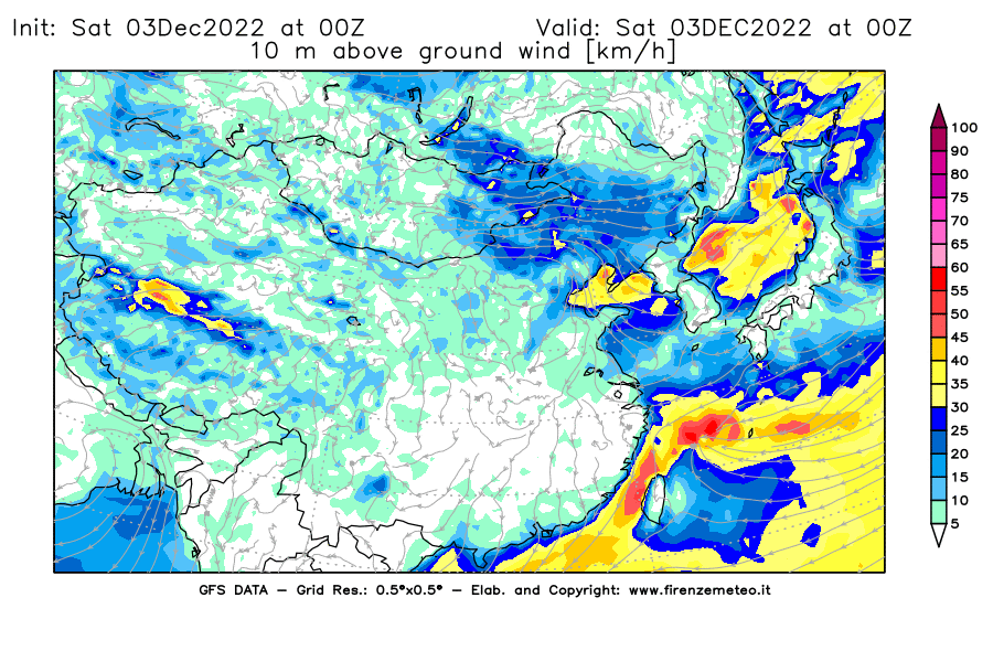 Mappa di analisi GFS - Velocità del vento a 10 metri dal suolo [km/h] in Asia Orientale
							del 03/12/2022 00 <!--googleoff: index-->UTC<!--googleon: index-->