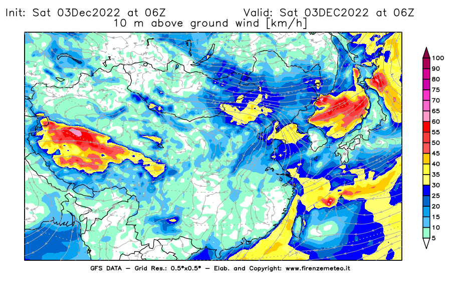 Mappa di analisi GFS - Velocità del vento a 10 metri dal suolo [km/h] in Asia Orientale
							del 03/12/2022 06 <!--googleoff: index-->UTC<!--googleon: index-->