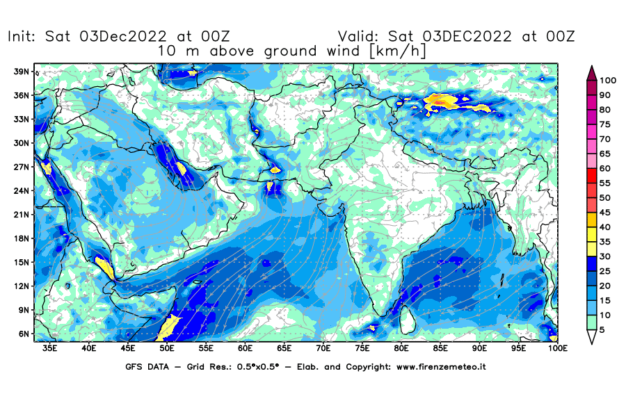 Mappa di analisi GFS - Velocità del vento a 10 metri dal suolo [km/h] in Asia Sud-Occidentale
							del 03/12/2022 00 <!--googleoff: index-->UTC<!--googleon: index-->