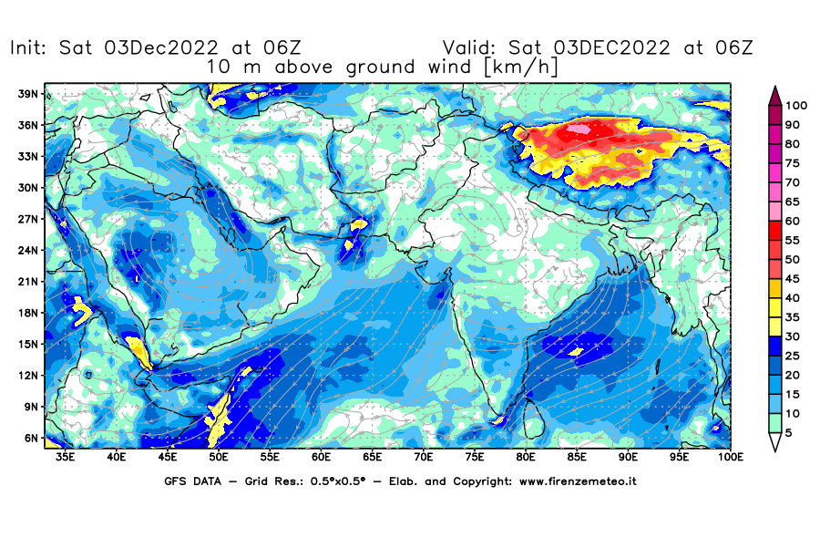 Mappa di analisi GFS - Velocità del vento a 10 metri dal suolo [km/h] in Asia Sud-Occidentale
							del 03/12/2022 06 <!--googleoff: index-->UTC<!--googleon: index-->