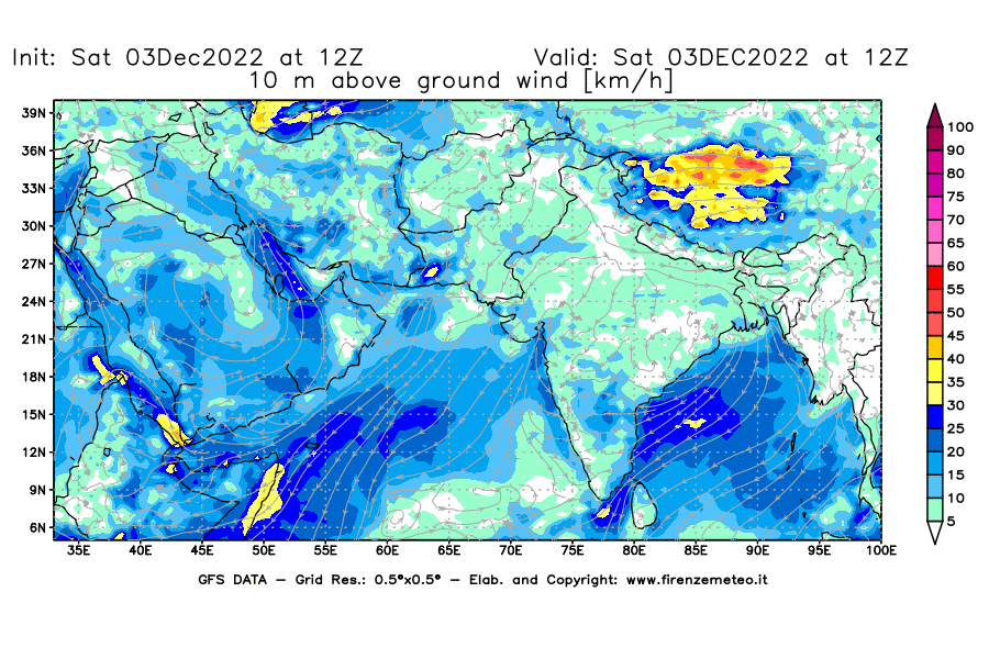 Mappa di analisi GFS - Velocità del vento a 10 metri dal suolo [km/h] in Asia Sud-Occidentale
							del 03/12/2022 12 <!--googleoff: index-->UTC<!--googleon: index-->