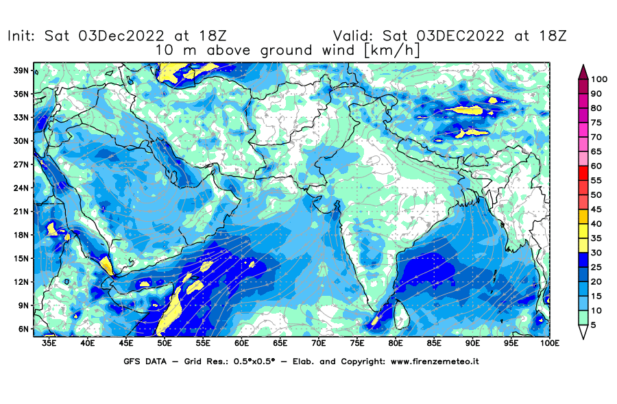 Mappa di analisi GFS - Velocità del vento a 10 metri dal suolo [km/h] in Asia Sud-Occidentale
							del 03/12/2022 18 <!--googleoff: index-->UTC<!--googleon: index-->