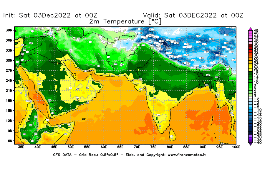 Mappa di analisi GFS - Temperatura a 2 metri dal suolo [°C] in Asia Sud-Occidentale
							del 03/12/2022 00 <!--googleoff: index-->UTC<!--googleon: index-->