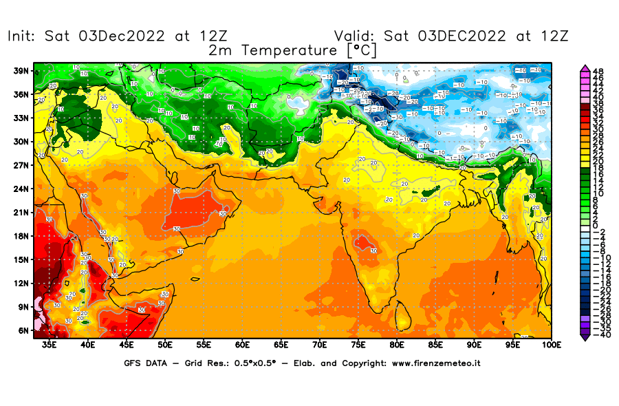 Mappa di analisi GFS - Temperatura a 2 metri dal suolo [°C] in Asia Sud-Occidentale
							del 03/12/2022 12 <!--googleoff: index-->UTC<!--googleon: index-->