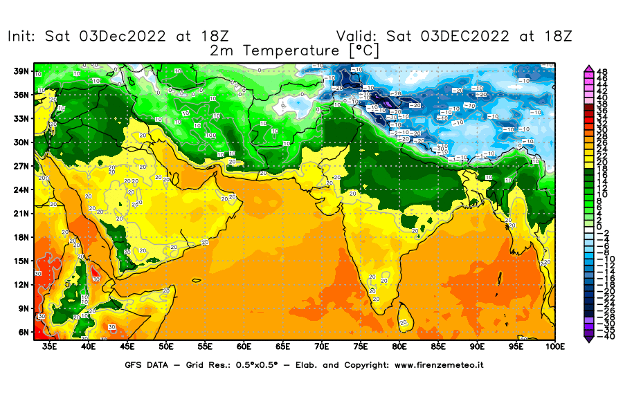 Mappa di analisi GFS - Temperatura a 2 metri dal suolo [°C] in Asia Sud-Occidentale
							del 03/12/2022 18 <!--googleoff: index-->UTC<!--googleon: index-->