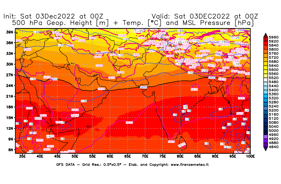 Mappa di analisi GFS - Geopotenziale [m] + Temp. [°C] a 500 hPa + Press. a livello del mare [hPa] in Asia Sud-Occidentale
							del 03/12/2022 00 <!--googleoff: index-->UTC<!--googleon: index-->