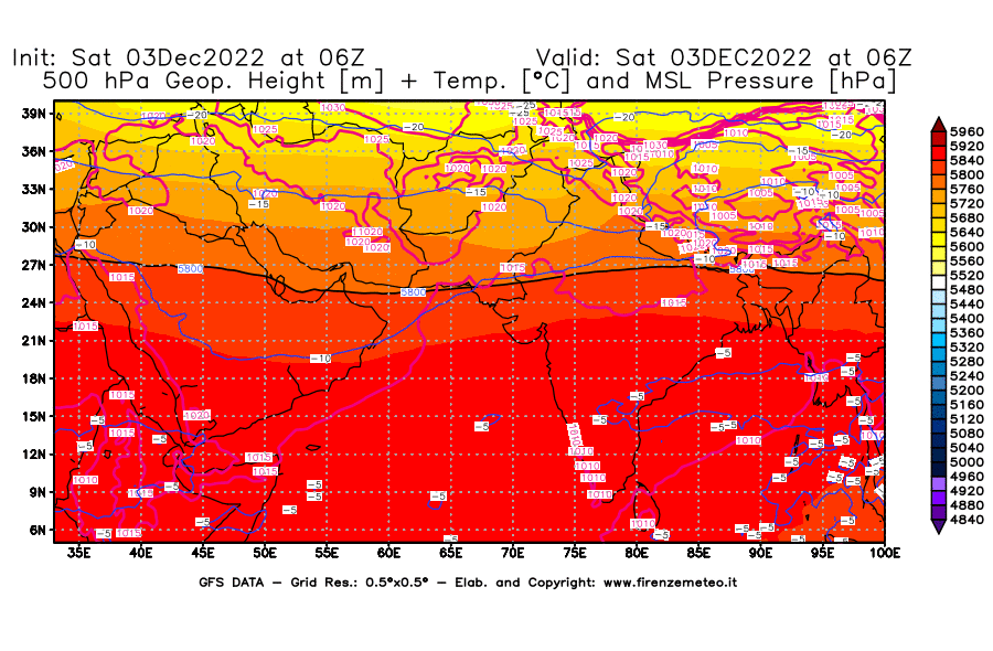 Mappa di analisi GFS - Geopotenziale [m] + Temp. [°C] a 500 hPa + Press. a livello del mare [hPa] in Asia Sud-Occidentale
							del 03/12/2022 06 <!--googleoff: index-->UTC<!--googleon: index-->