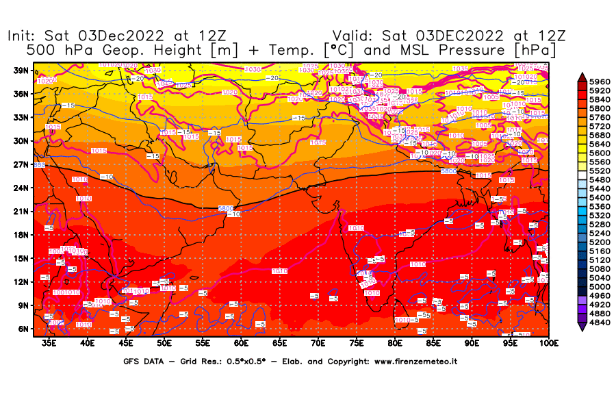 Mappa di analisi GFS - Geopotenziale [m] + Temp. [°C] a 500 hPa + Press. a livello del mare [hPa] in Asia Sud-Occidentale
							del 03/12/2022 12 <!--googleoff: index-->UTC<!--googleon: index-->