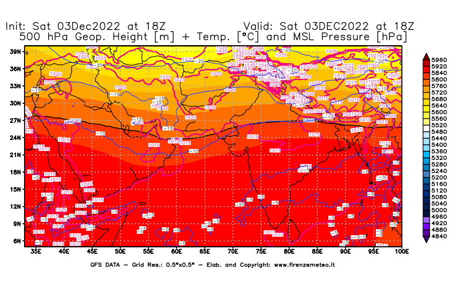 Mappa di analisi GFS - Geopotenziale [m] + Temp. [°C] a 500 hPa + Press. a livello del mare [hPa] in Asia Sud-Occidentale
							del 03/12/2022 18 <!--googleoff: index-->UTC<!--googleon: index-->