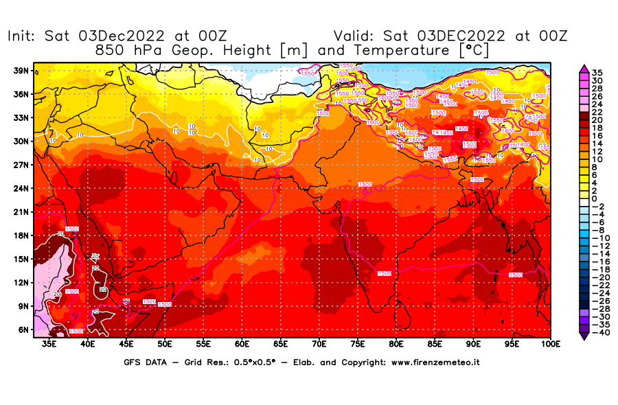 Mappa di analisi GFS - Geopotenziale [m] e Temperatura [°C] a 850 hPa in Asia Sud-Occidentale
							del 03/12/2022 00 <!--googleoff: index-->UTC<!--googleon: index-->