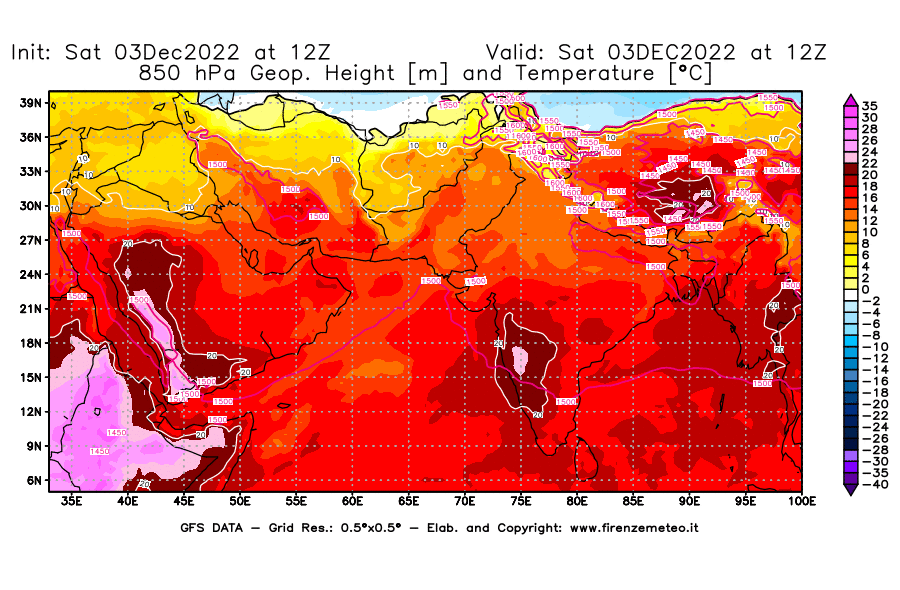Mappa di analisi GFS - Geopotenziale [m] e Temperatura [°C] a 850 hPa in Asia Sud-Occidentale
							del 03/12/2022 12 <!--googleoff: index-->UTC<!--googleon: index-->