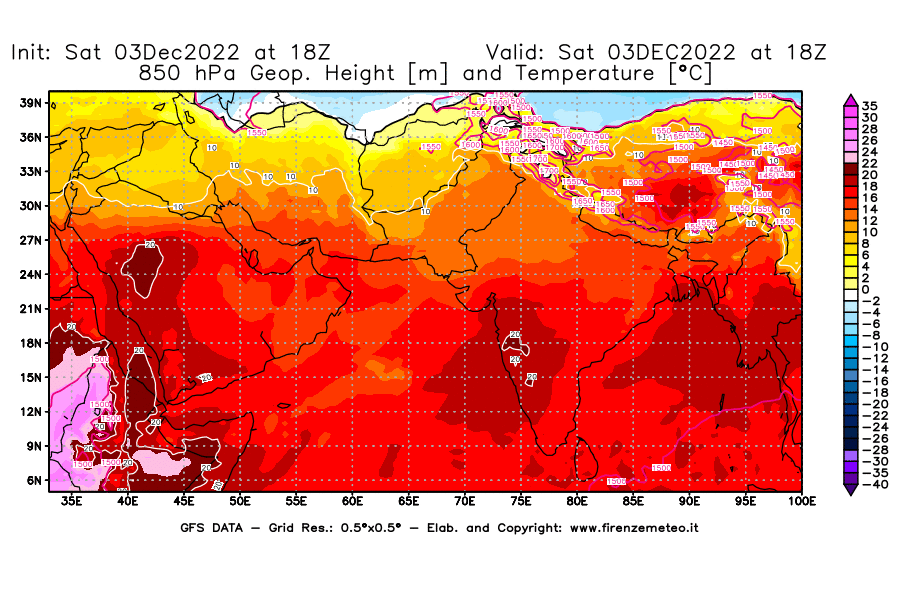 Mappa di analisi GFS - Geopotenziale [m] e Temperatura [°C] a 850 hPa in Asia Sud-Occidentale
							del 03/12/2022 18 <!--googleoff: index-->UTC<!--googleon: index-->