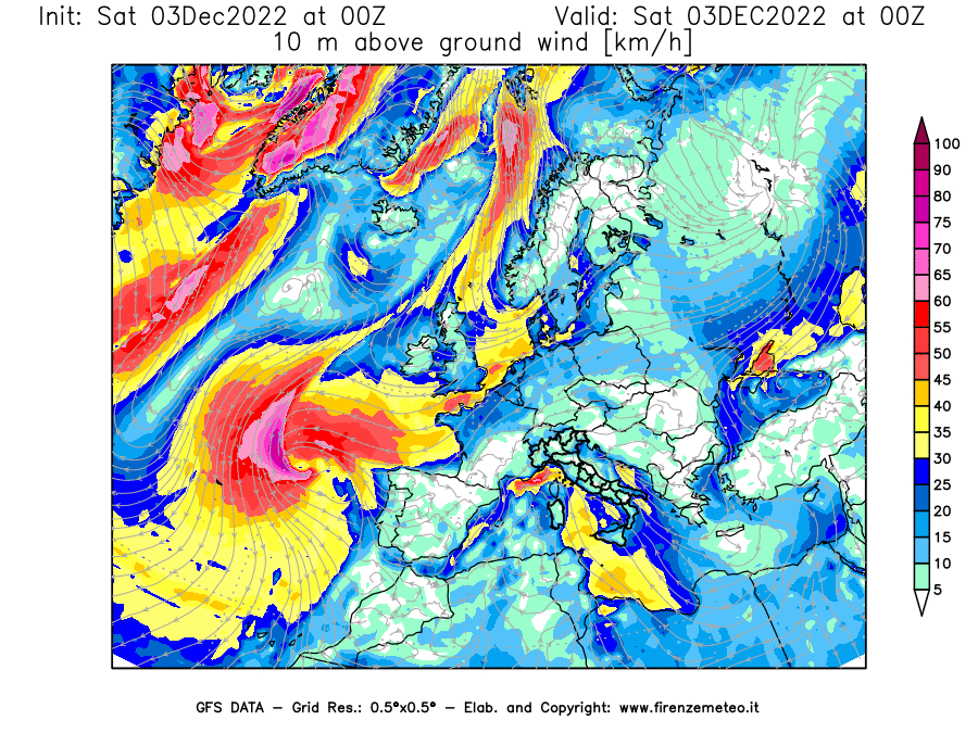 Mappa di analisi GFS - Velocità del vento a 10 metri dal suolo [km/h] in Europa
							del 03/12/2022 00 <!--googleoff: index-->UTC<!--googleon: index-->