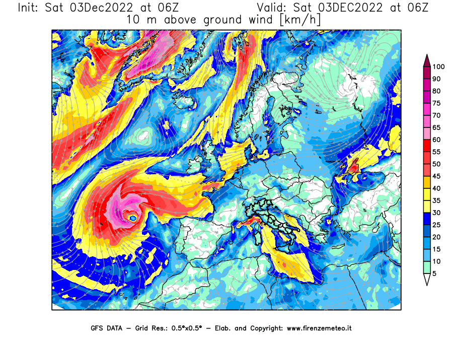 Mappa di analisi GFS - Velocità del vento a 10 metri dal suolo [km/h] in Europa
							del 03/12/2022 06 <!--googleoff: index-->UTC<!--googleon: index-->