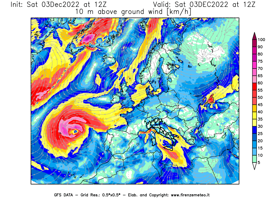 Mappa di analisi GFS - Velocità del vento a 10 metri dal suolo [km/h] in Europa
							del 03/12/2022 12 <!--googleoff: index-->UTC<!--googleon: index-->