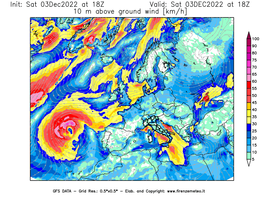 Mappa di analisi GFS - Velocità del vento a 10 metri dal suolo [km/h] in Europa
							del 03/12/2022 18 <!--googleoff: index-->UTC<!--googleon: index-->