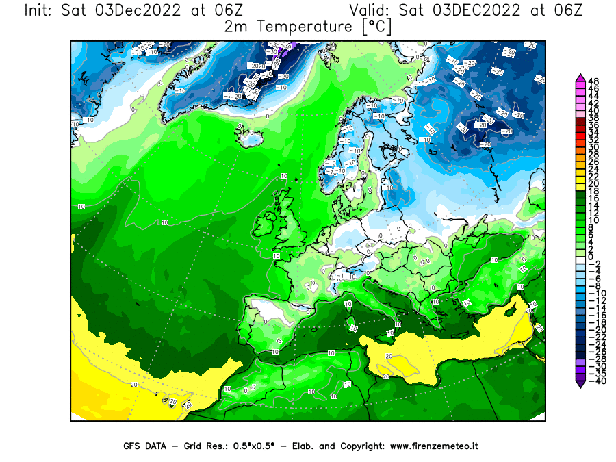 Mappa di analisi GFS - Temperatura a 2 metri dal suolo [°C] in Europa
							del 03/12/2022 06 <!--googleoff: index-->UTC<!--googleon: index-->