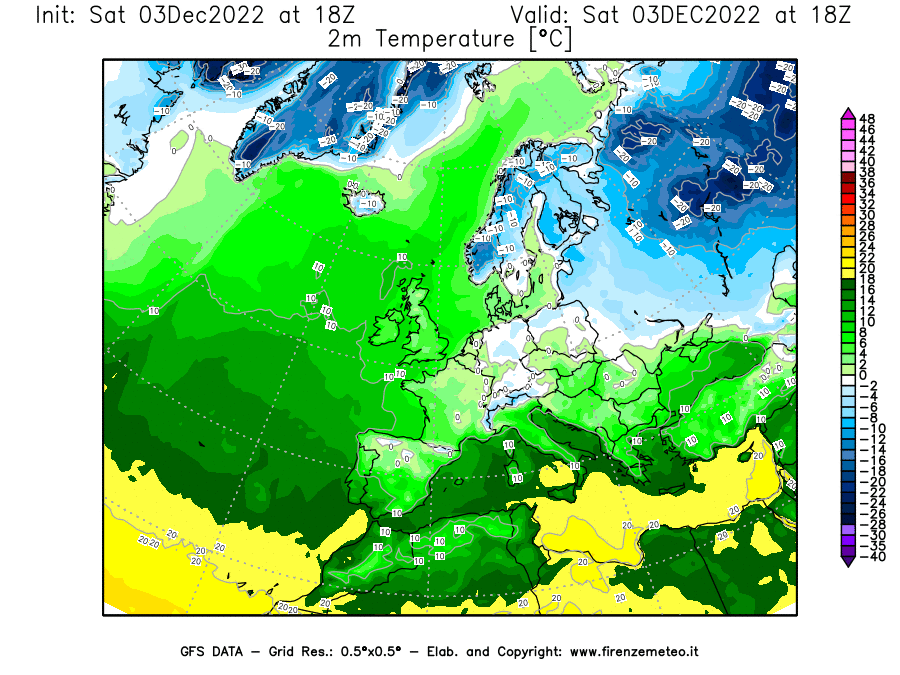 Mappa di analisi GFS - Temperatura a 2 metri dal suolo [°C] in Europa
							del 03/12/2022 18 <!--googleoff: index-->UTC<!--googleon: index-->