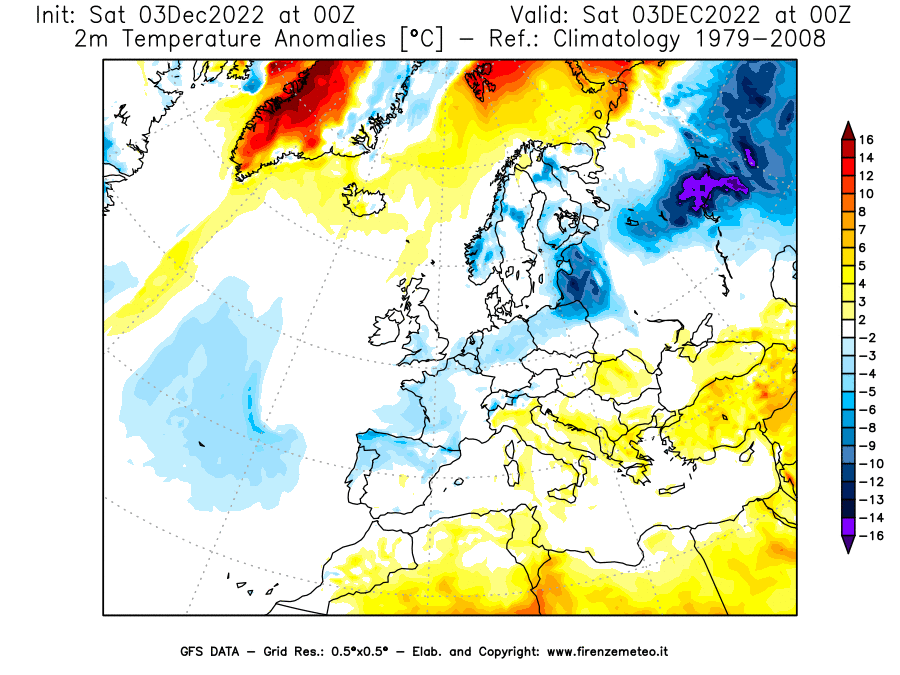 Mappa di analisi GFS - Anomalia Temperatura [°C] a 2 m in Europa
							del 03/12/2022 00 <!--googleoff: index-->UTC<!--googleon: index-->
