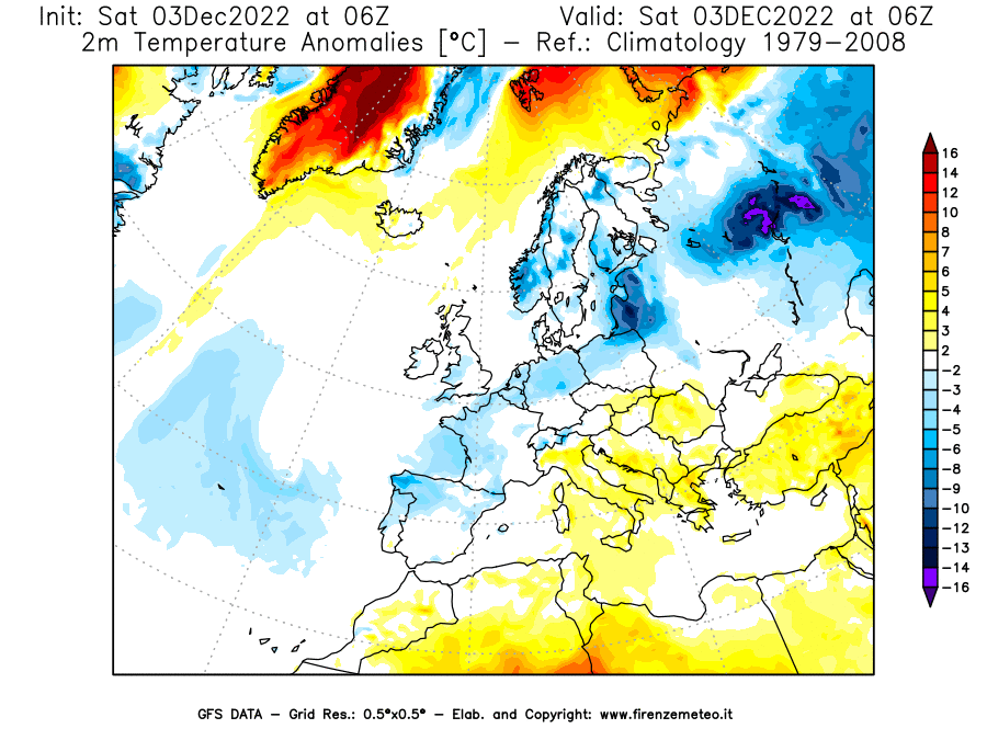 Mappa di analisi GFS - Anomalia Temperatura [°C] a 2 m in Europa
							del 03/12/2022 06 <!--googleoff: index-->UTC<!--googleon: index-->