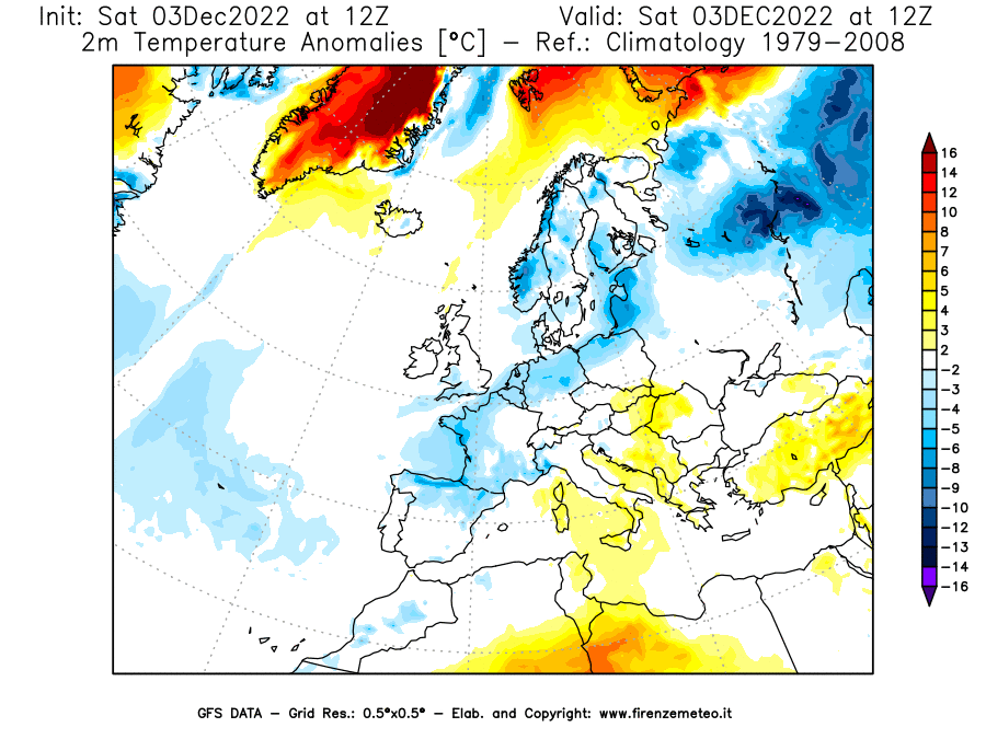 Mappa di analisi GFS - Anomalia Temperatura [°C] a 2 m in Europa
							del 03/12/2022 12 <!--googleoff: index-->UTC<!--googleon: index-->