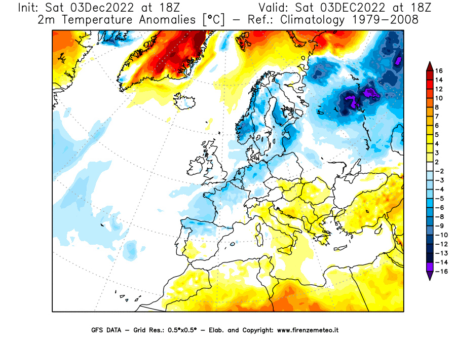 Mappa di analisi GFS - Anomalia Temperatura [°C] a 2 m in Europa
							del 03/12/2022 18 <!--googleoff: index-->UTC<!--googleon: index-->