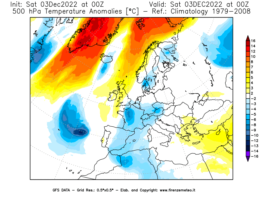 Mappa di analisi GFS - Anomalia Temperatura [°C] a 500 hPa in Europa
							del 03/12/2022 00 <!--googleoff: index-->UTC<!--googleon: index-->