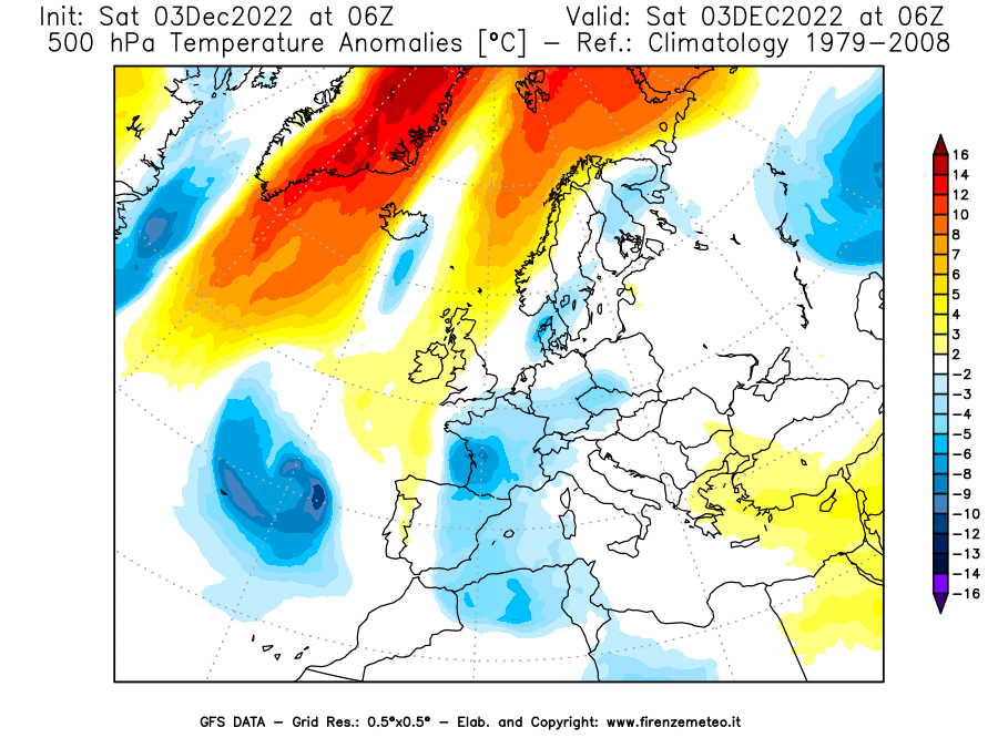 Mappa di analisi GFS - Anomalia Temperatura [°C] a 500 hPa in Europa
							del 03/12/2022 06 <!--googleoff: index-->UTC<!--googleon: index-->