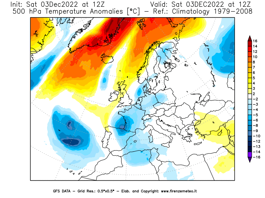 Mappa di analisi GFS - Anomalia Temperatura [°C] a 500 hPa in Europa
							del 03/12/2022 12 <!--googleoff: index-->UTC<!--googleon: index-->