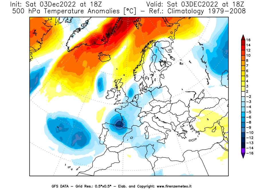 Mappa di analisi GFS - Anomalia Temperatura [°C] a 500 hPa in Europa
							del 03/12/2022 18 <!--googleoff: index-->UTC<!--googleon: index-->