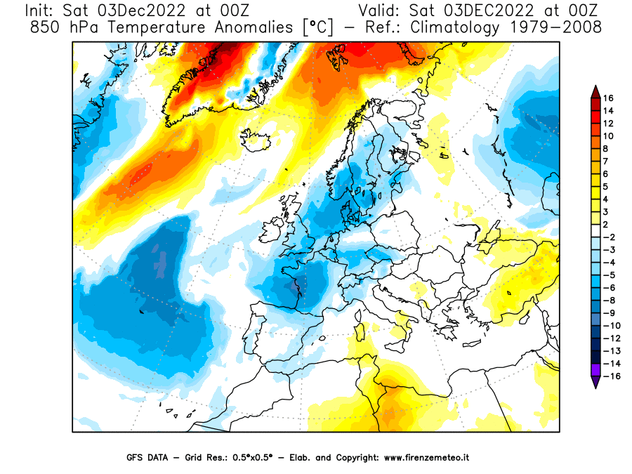 Mappa di analisi GFS - Anomalia Temperatura [°C] a 850 hPa in Europa
							del 03/12/2022 00 <!--googleoff: index-->UTC<!--googleon: index-->