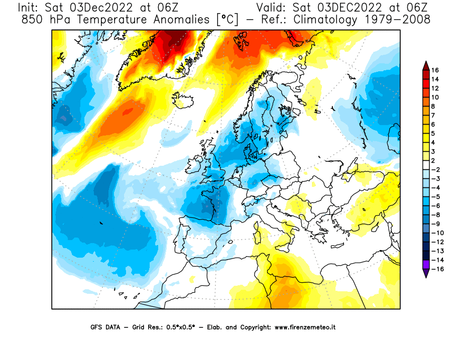 Mappa di analisi GFS - Anomalia Temperatura [°C] a 850 hPa in Europa
							del 03/12/2022 06 <!--googleoff: index-->UTC<!--googleon: index-->