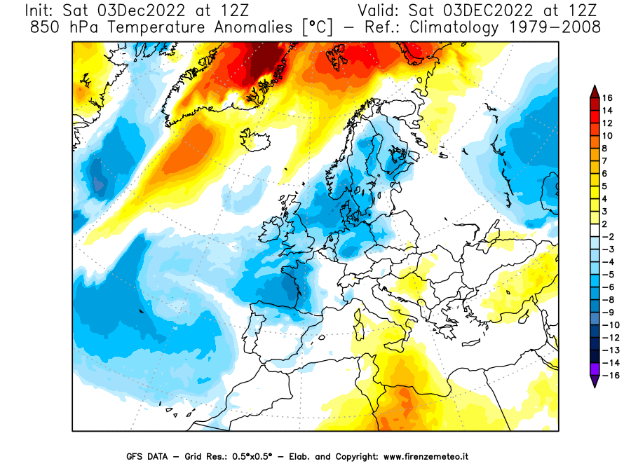 Mappa di analisi GFS - Anomalia Temperatura [°C] a 850 hPa in Europa
							del 03/12/2022 12 <!--googleoff: index-->UTC<!--googleon: index-->