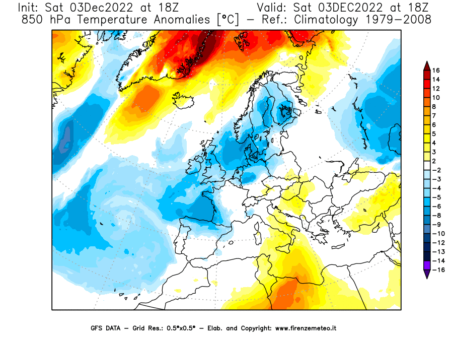 Mappa di analisi GFS - Anomalia Temperatura [°C] a 850 hPa in Europa
							del 03/12/2022 18 <!--googleoff: index-->UTC<!--googleon: index-->